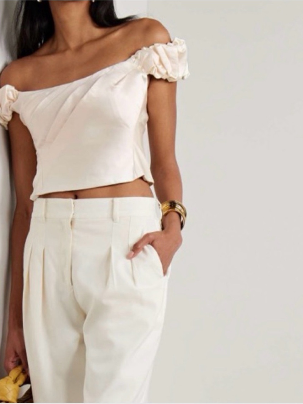 LoveShackFancy Off-Shoulder Cream Ruffle Crop Top